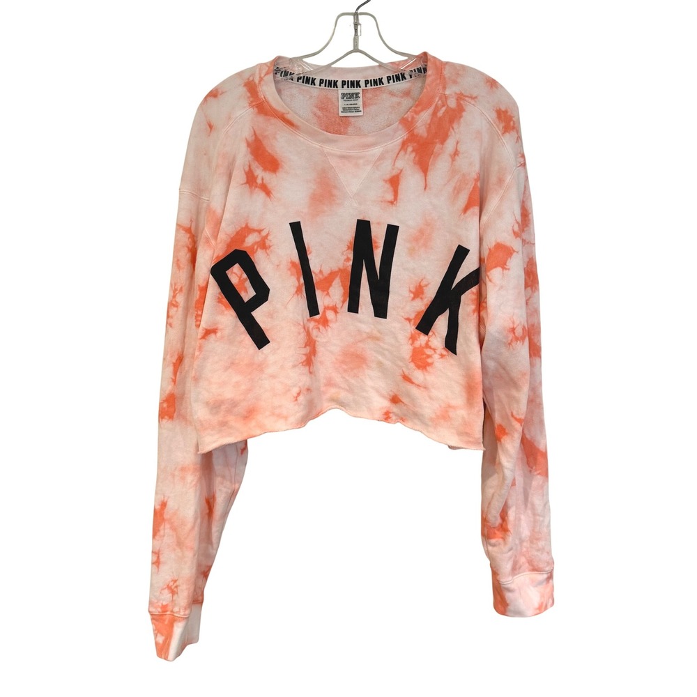 PINK Victoria's Secret Tie Dye Cropped Pool Beach Sweatshirt Womens Large Orange - Picture 2 of 10